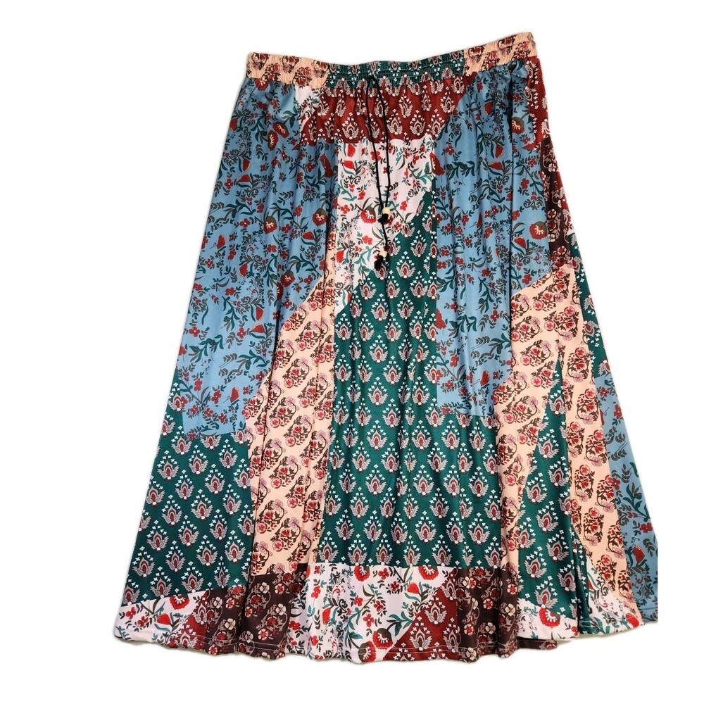 Womens Boho Patchwork Maxi Skirt 4XL Elastic Waist Tassles Vacation Lightweight